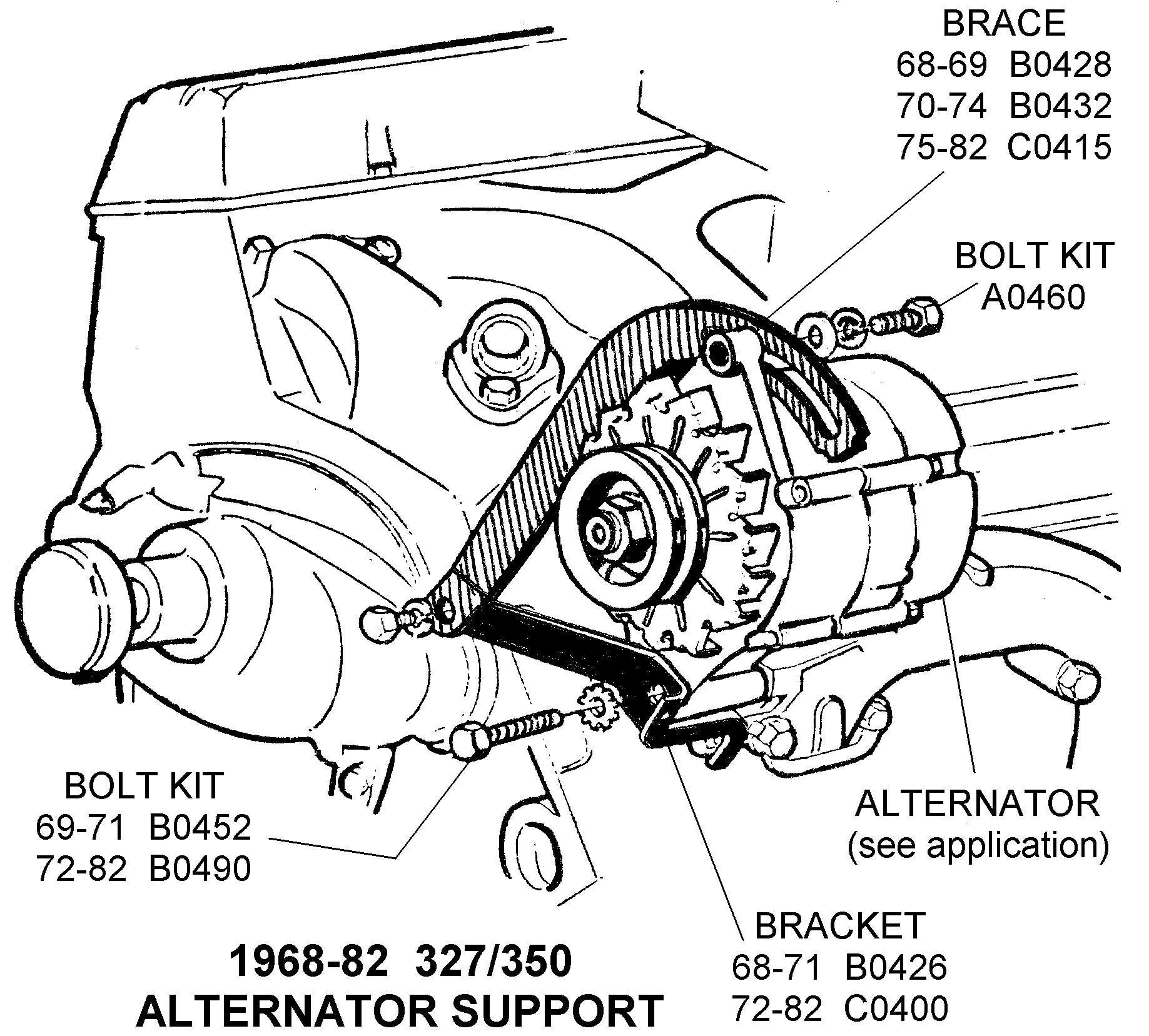 1968-82 327/350 Alternator Support - Diagram View - Chicago Corvette Supply