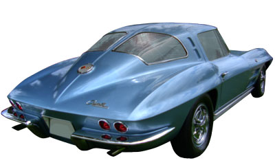 A classic blue 1963 Corvette, featuring the infamous split rear windows.
