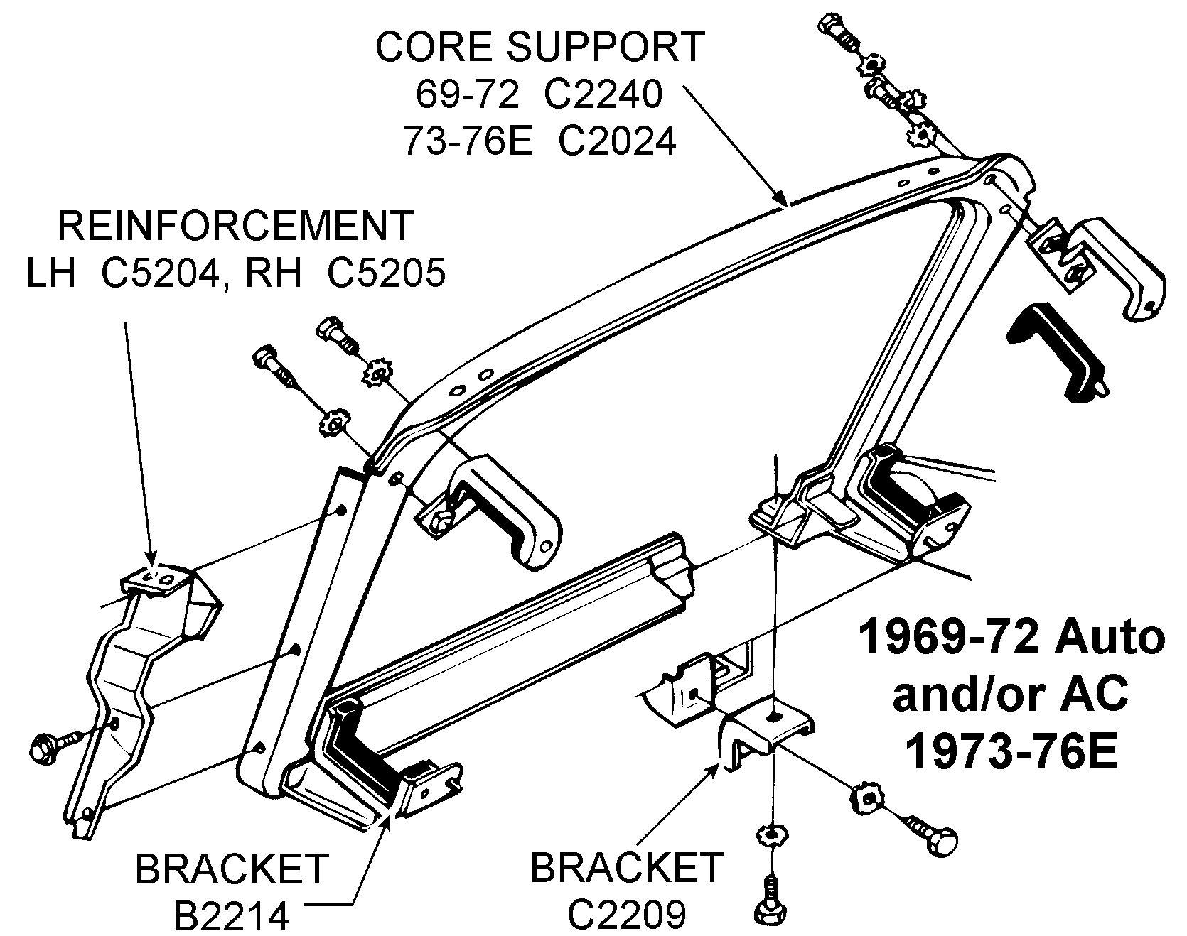 1969 72 Auto Core Support Diagram View Chicago Corvette Supply